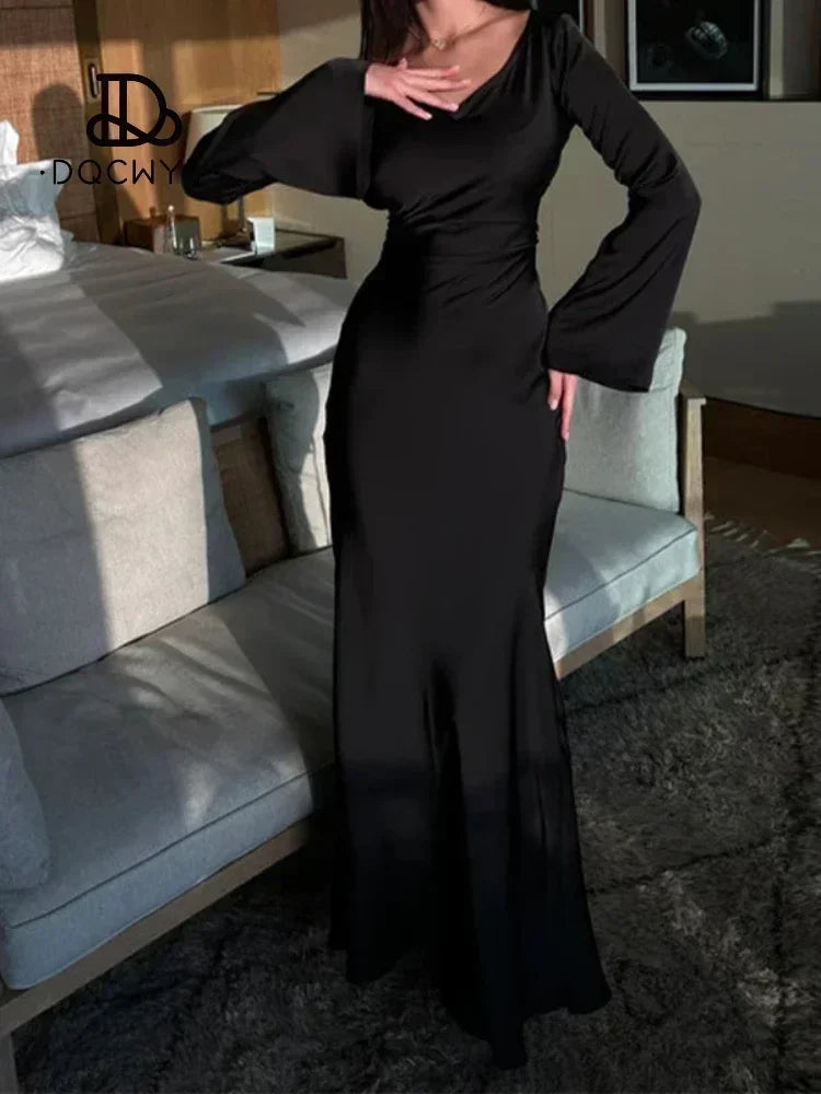 Women's Long Dresses – Simple round neck, satin flare sleeves, lace-up detailing, slim fit, evening party dress. Available on FTFmarket.net, fast delivery in the UK.