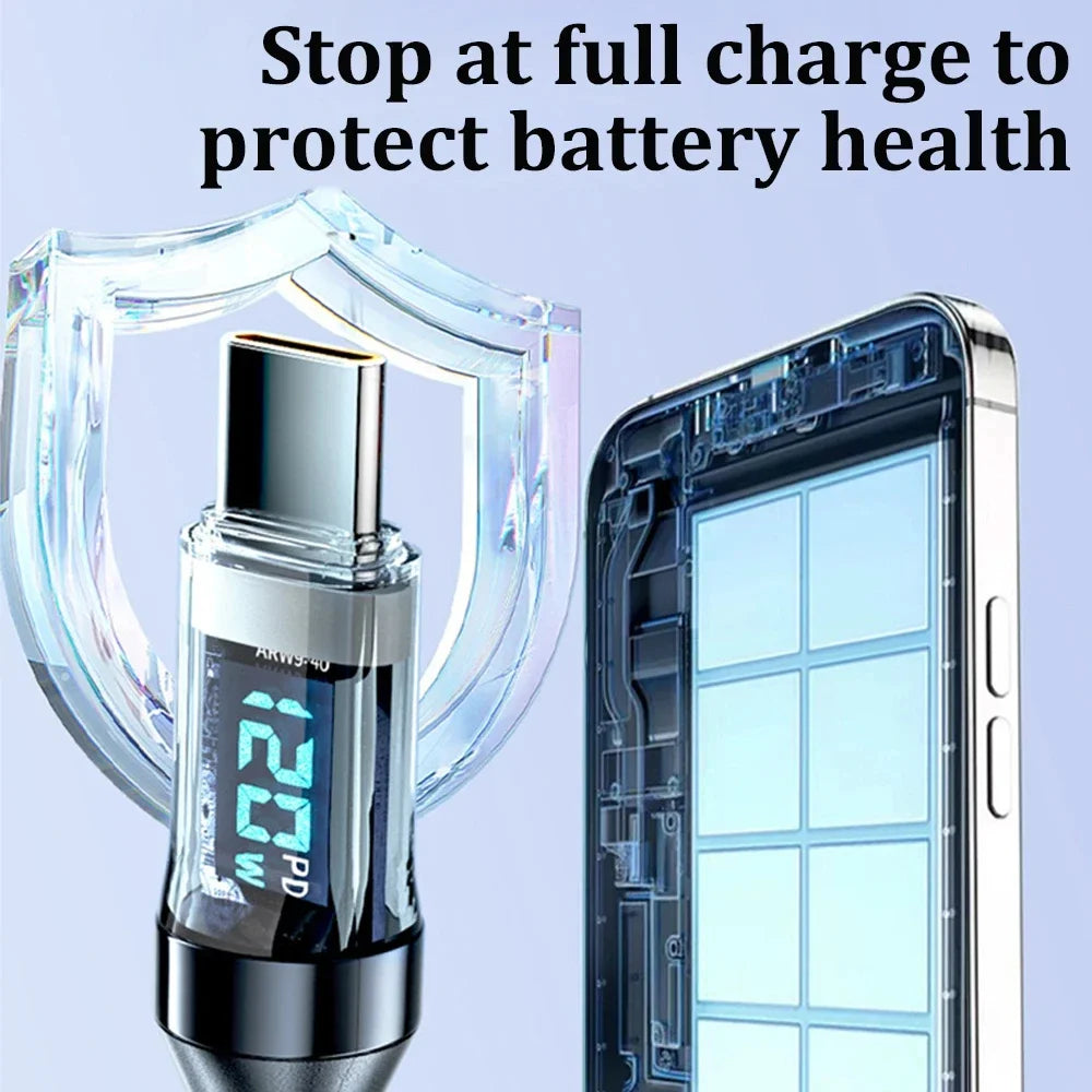 Battery health monitor with digital display and shield icon on a light blue background. 120W fast charge USB-A to Type-C cable, nylon braided with LED display. For Xiaomi, Samsung, Huawei. Fast charging and data sync.