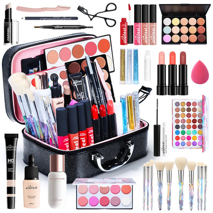 Collection of makeup products including lipsticks, brushes, and palettes on a white background. POPFEL all-in-one makeup kit with eyeshadow, eyeliner, eyebrow pencil, lip gloss. Full set for women’s flawless face makeup.