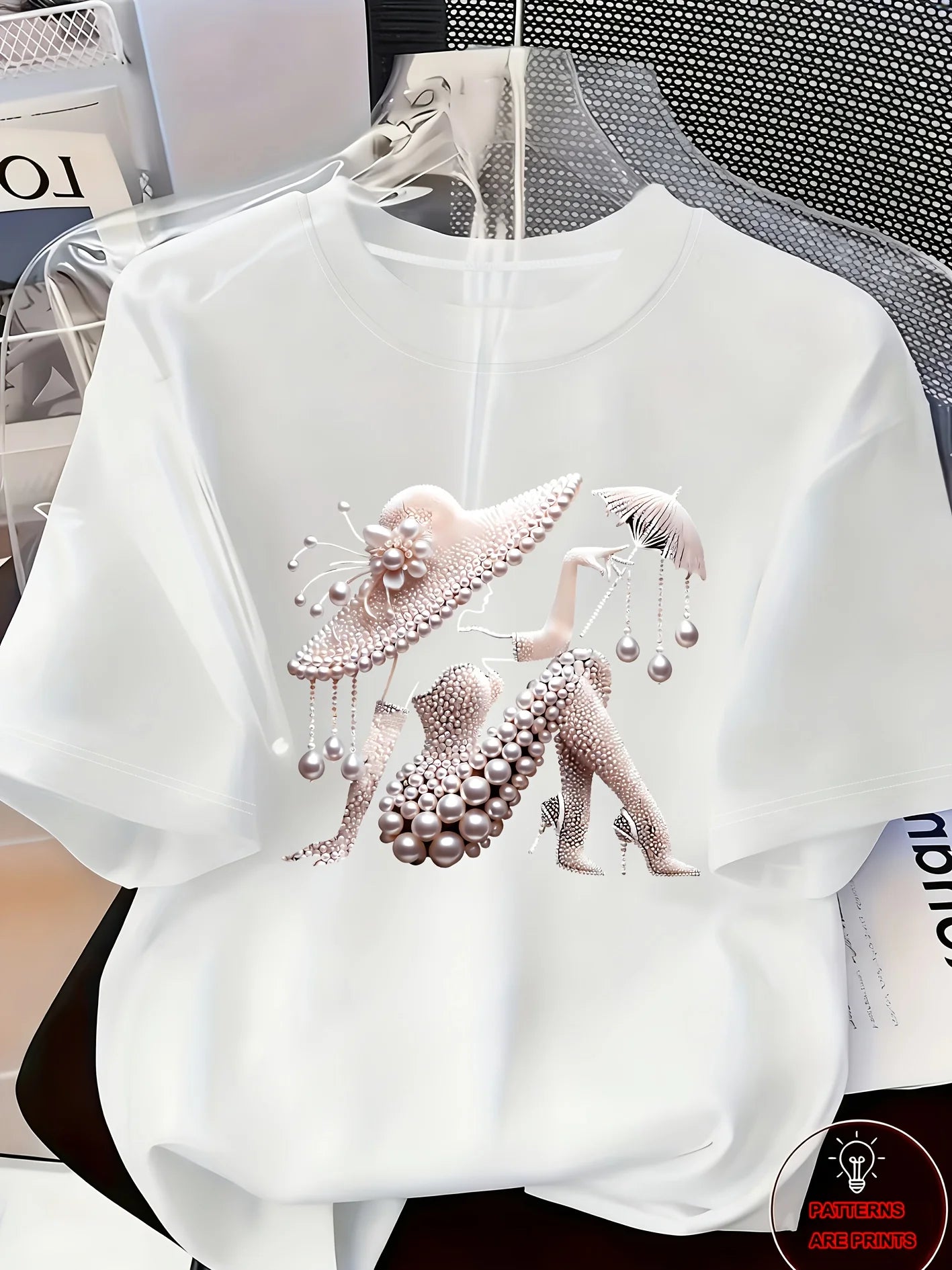 Women's pearl print t-shirt white 2 casual round neck short sleeve