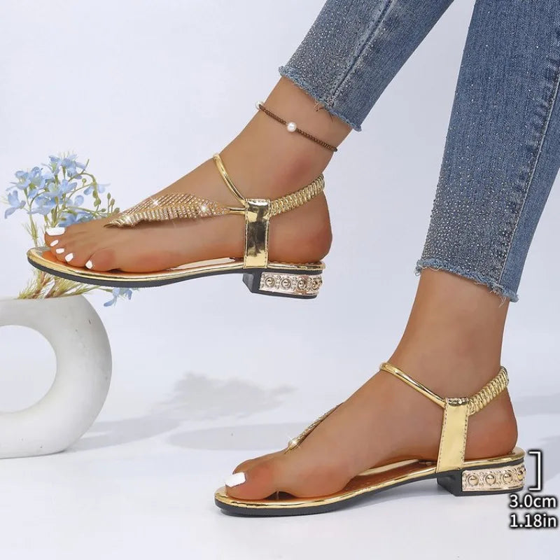 Gold rhinestone flat sandals women UK — metallic insole, leaf rhinestone detail