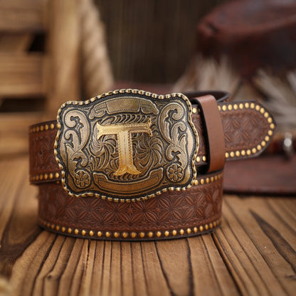 Brown leather belt with a gold buckle on a wooden surface