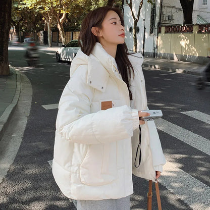 Women khaki down jacket, white, thickening warm feather, female duck down, comfortable, short, solid, winter hooded outwear.