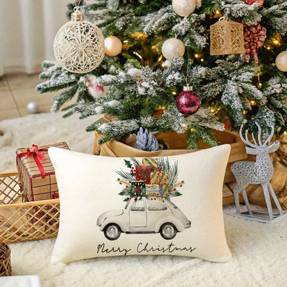 Decorative pillow with Christmas car design in front of a decorated tree. Car Christmas pillowcase, festive cushion cover, Merry Christmas print. Soft peachskin, sofa/bed decor. Holiday home accent UK.