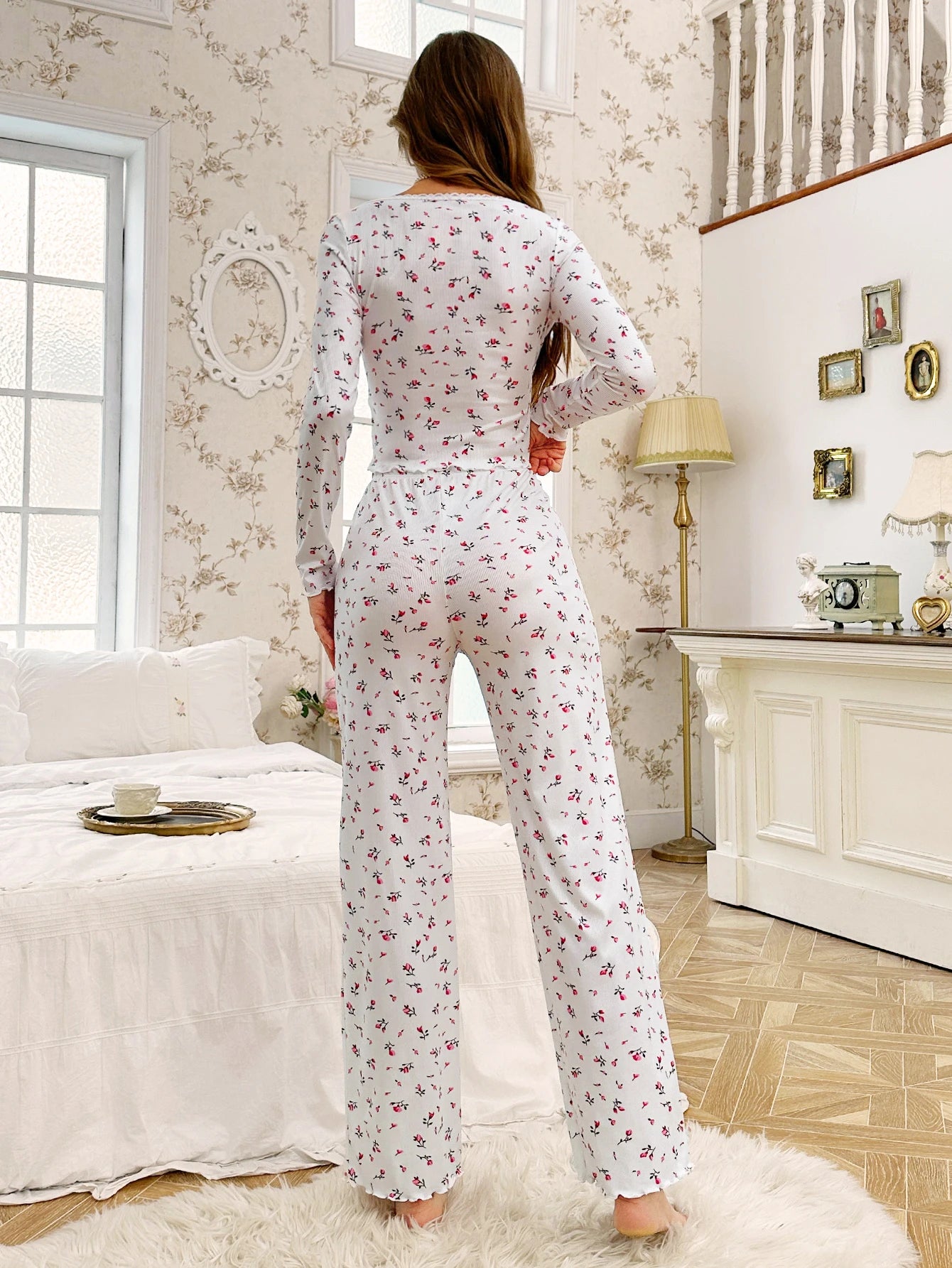 Women's Sleepwear Ditsy Floral Print Lettuce Trim Pajamas Set - Elastic Waistband, Full Sleeve Nightwear. Available at FTF Market.  
Women's Sleepwear, Ditsy Floral Print, Lettuce Trim Pajamas, Elastic Waistband, Loungewear, Full Sleeve Nightwear, Women's Pajamas, Floral Print Pajamas, Comfortable Nightwear, Stylish Sleepwear, Home Clothes, Spring Summer Fashion, Casual Wear, Semi-Formal Wear, FTF Market UK, ftf fashion