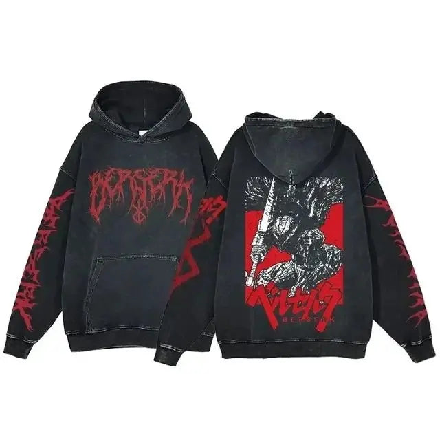 Anime hoodie plus size, gothic Harajuku, manga sweatshirt, washed denim, hip hop vintage, black pullover, Y2K streetwear.