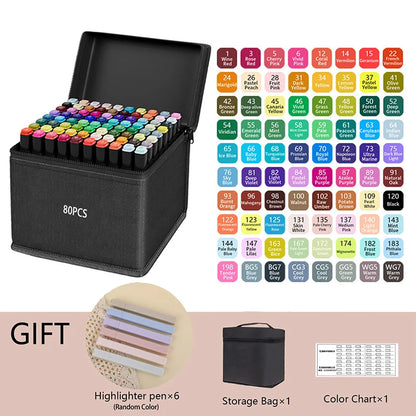Set of 80 markers with a color chart, storage bag, highlighter pens, and a color chart on a white background. Pro Dual-Tip Alcohol Markers Set featuring fine and chisel tips, vibrant streak-free ink, ergonomic design for artists’ coloring and sketching projects UK.