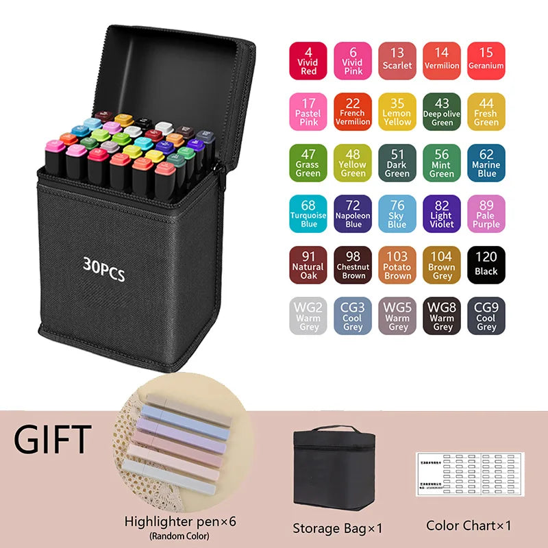 Set of 30 colored markers with a black storage bag, gift items included, on a white background. Pro Dual-Tip Alcohol Markers Set featuring fine and chisel tips, vibrant streak-free ink, ergonomic design for artists’ coloring and sketching projects UK.