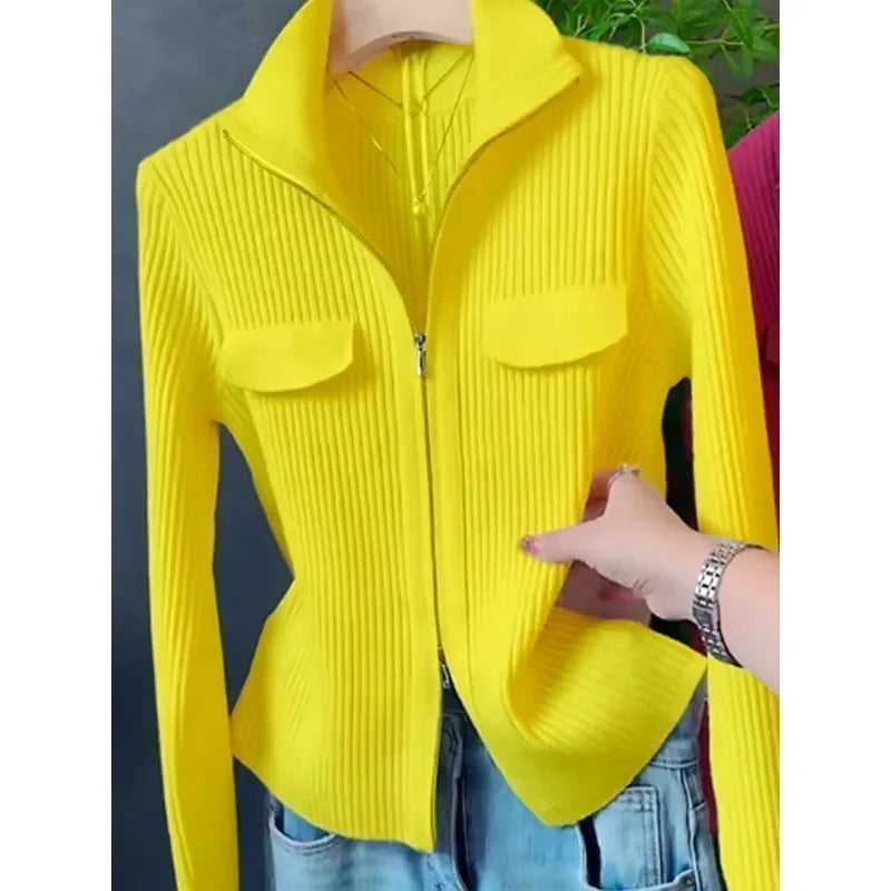 Zipper Short Knitted Cardigan – Versatile coat top, turn-down collar, solid color. Perfect for spring and autumn. Available on FTFmarket.net, fast delivery in the UK. Stay stylish with FTF Fashion and Mode FTF.