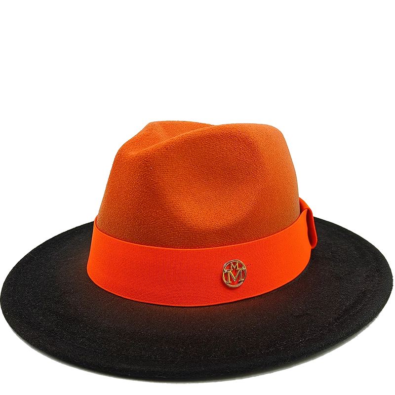 Two-toned orange and black hat with a red band and gold emblem on a white background. Unisex double fedora hat, dual color gradient tie-dye, casual jazz style, cotton-polyester mix, suitable for outdoor autumn and spring.