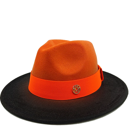 Two-toned orange and black hat with a red band and gold emblem on a white background. Unisex double fedora hat, dual color gradient tie-dye, casual jazz style, cotton-polyester mix, suitable for outdoor autumn and spring.