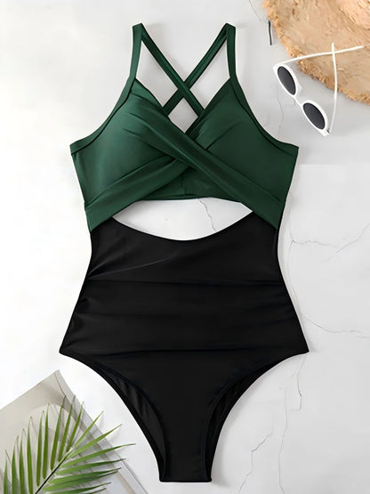 Dark green cross-back one-piece swimsuit — ruched women swimwear S M L XL XXL