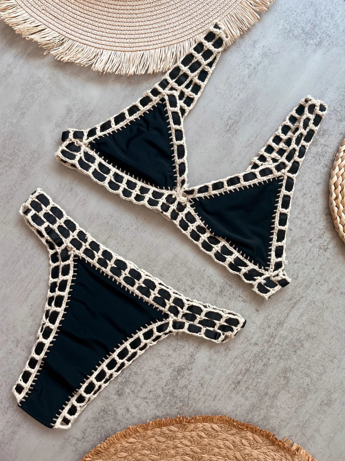 Black crochet bikini set flat lay — Deep V Bandeau women swimwear