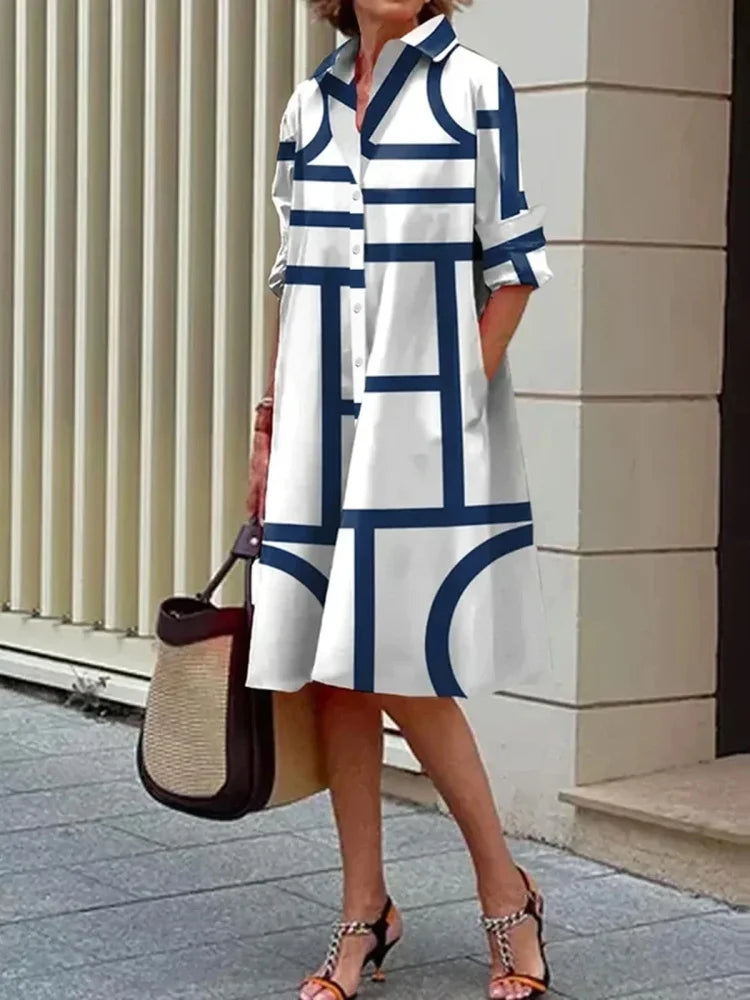 Geometric Stripe Long Sleeve Dress – Harajuku street trend, elegant lapel, long sleeve. Vibrant geometric patterns, stylish men's dress. Available on FTFmarket.net, fast delivery in the UK. Stay stylish with FTF Fashion and Mode FTF.