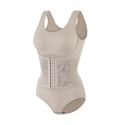 Beige waist trainer on a white background.  Women’s slimming bodysuit shapewear with zipper belt. Medium control, wire-free, seamless design with polyester/spandex fabric for all-day comfort.