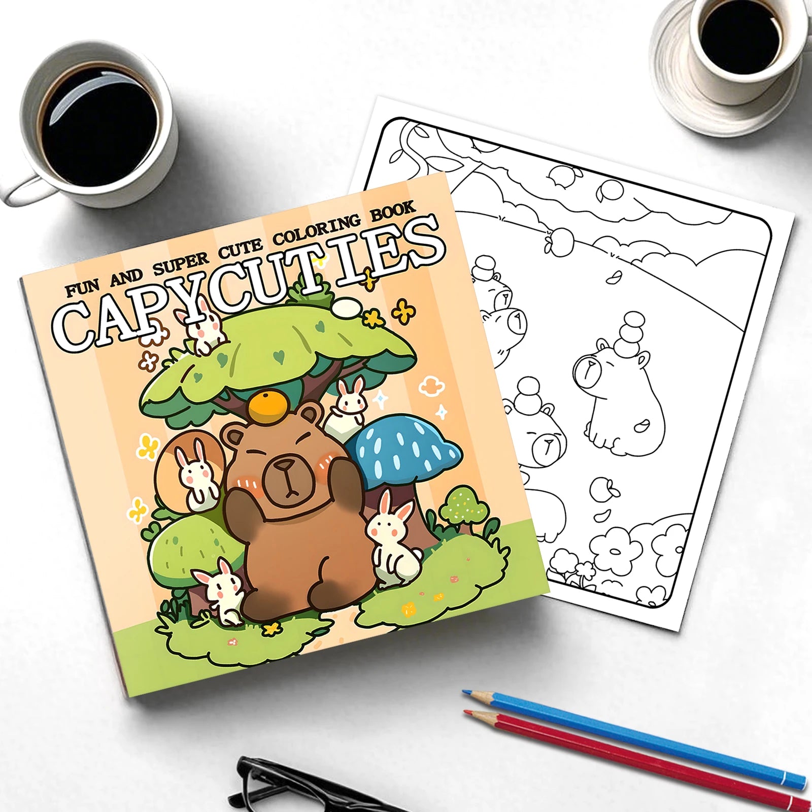 Coloring book titled 'Capycuties' with a bear illustration on a white surface with coffee and coloring pencils. The Capycuties coloring book is perfect for beginners and pros alike. With simple, adorable patterns, it's a great way to relieve stress and have fun.