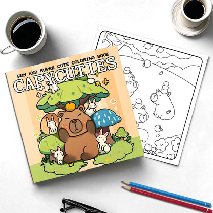 Coloring book titled 'Capycuties' with a bear illustration on a white surface with coffee and coloring pencils. The Capycuties coloring book is perfect for beginners and pros alike. With simple, adorable patterns, it's a great way to relieve stress and have fun.