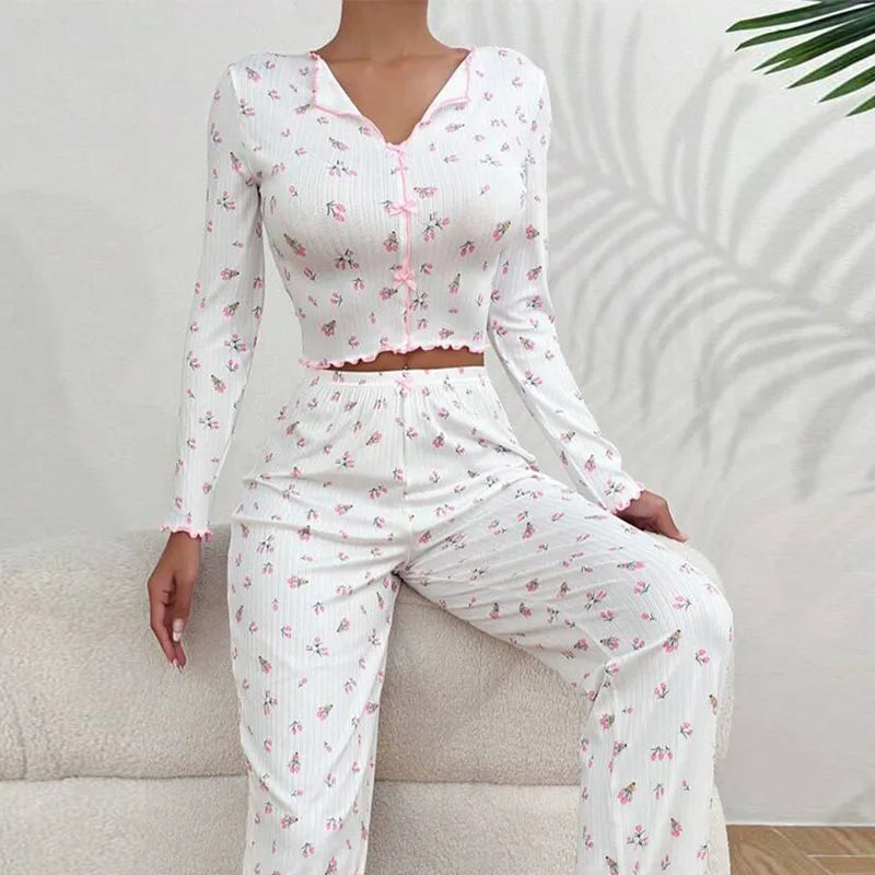 Women Floral Print Pajama Sets Long Sleeve Shirts+Pants Female Casual Home Clothes Spring Autumn Sleepwear Bow Nightwear Suits. Available at FTF Market. 
Women's Sleepwear, Floral Print Pajama Set, Long Sleeve Shirts, Pants Set, Casual Home Clothes, Spring Autumn Sleepwear, Bow Nightwear Suits, Comfortable Nightwear, Stylish Pajamas, Home Clothes, Women's Pajamas, FTF Market UK, ftf fashion