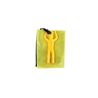 Yellow figure in a stranglehold on a green bag with a black strap against a white background. Colorful outdoor parachute toy for kids, tangle-free design. Durable plastic, unisex gift idea for boys and girls. UK delivery ftf fashion.