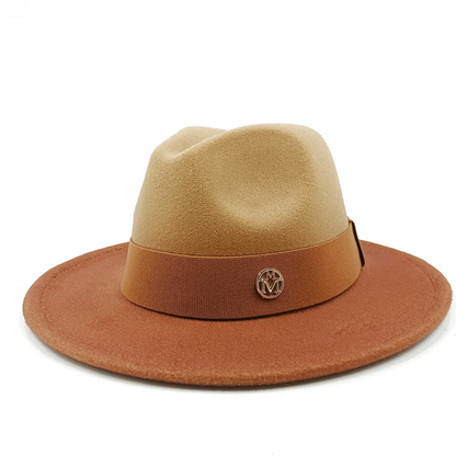 Brown fedora hat with a brown band and logo on a white background. Unisex double fedora hat, dual color gradient tie-dye, casual jazz style, cotton-polyester mix, suitable for outdoor autumn and spring.
