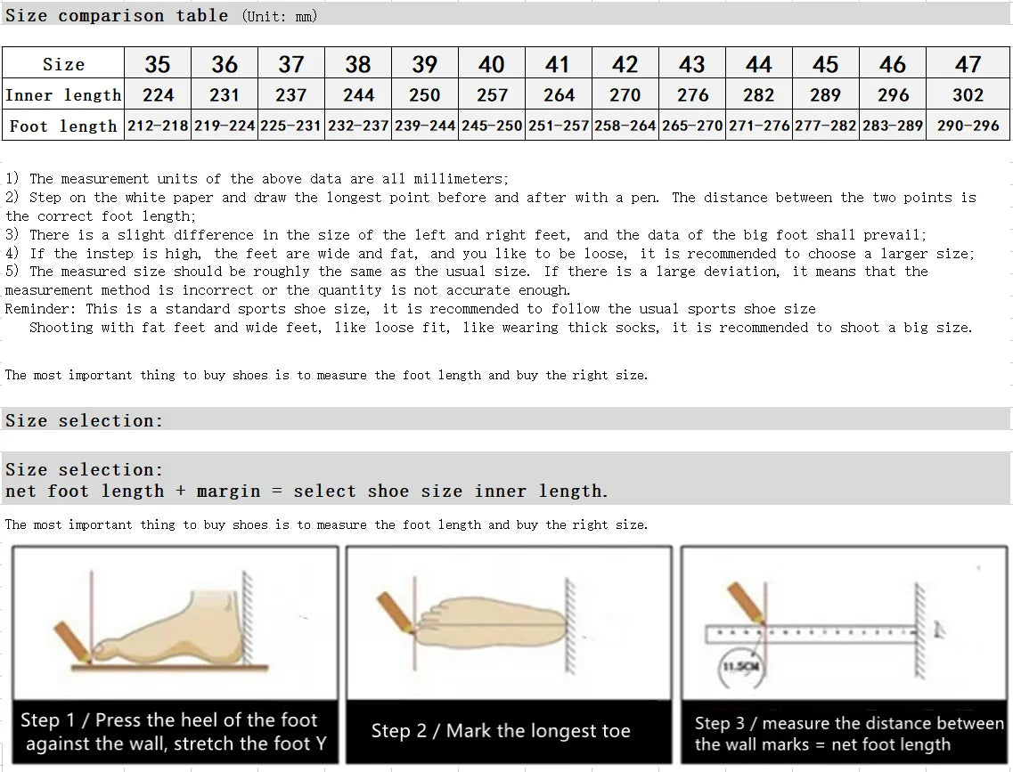 Size comparison chart for shoes with measurements in millimeters