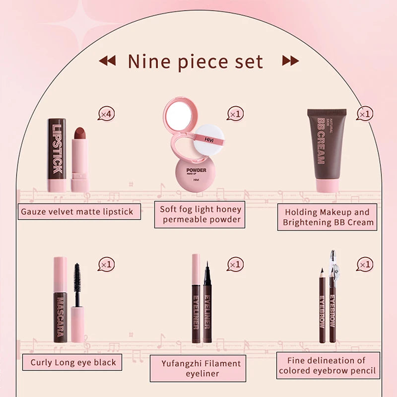 Nine-piece makeup set with product illustrations and names on a pink background. HiVi makeup gift box with limited edition lipstick, setting powder, and eyeliner. Perfect romantic gift for women. Safe, elegant, lasting wear.
