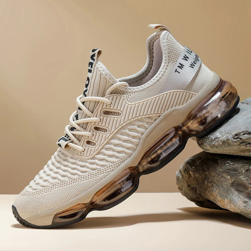Beige sneaker with transparent air bubble sole on a beige background