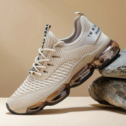 Beige sneaker with transparent air bubble sole on a beige background
