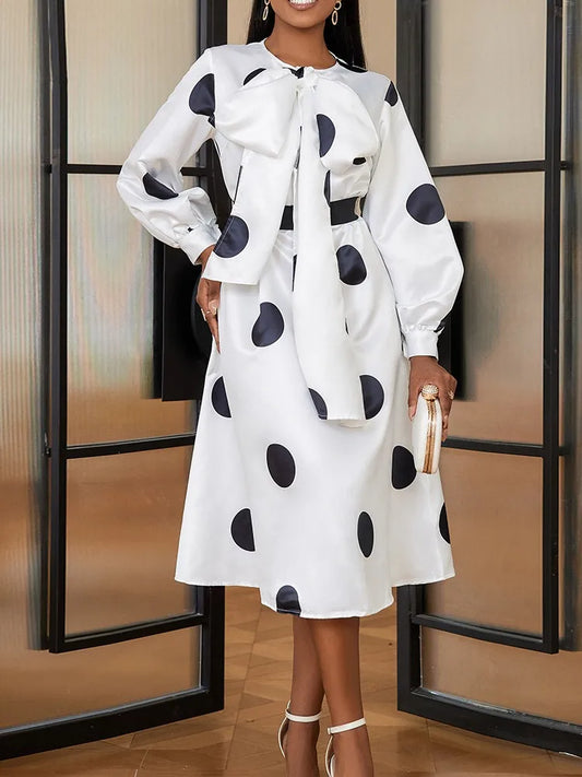 White Polka Dot Dress with Bow Neck and Lantern Sleeves