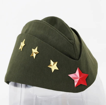 Green military-style beret with gold stars and a red star on a white background
