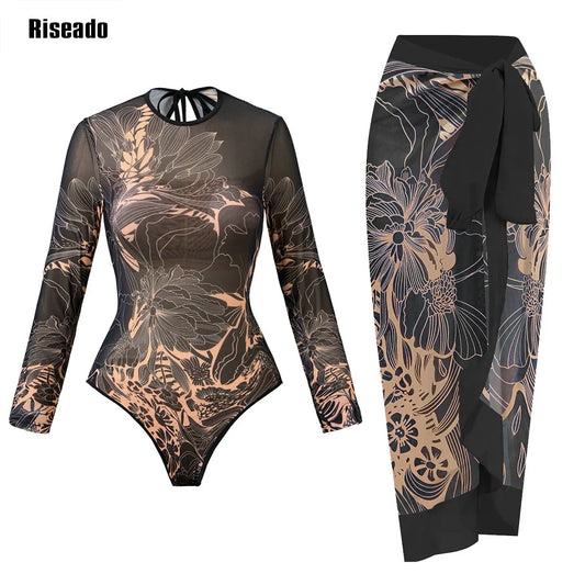 Black floral mesh swimdress with long sleeves and skirt overlay — high waist one-piece FTF Market
