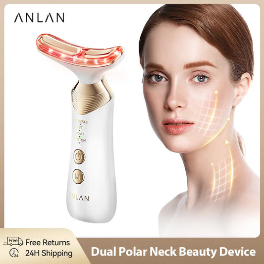 Dual Polar Neck Massager – Anti-aging device with EMS technology to reduce double chin and lift facial muscles. 5-color photon warm facial massager rejuvenates skin. 24K gold-plated surface for sensitive skin. Available on FTFmarket.net, fast delivery in the UK. Stay ahead with FTF Fashion.