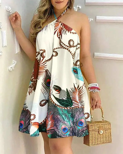 Women's tropical print halter neck backless dress for spring and summer vacation style