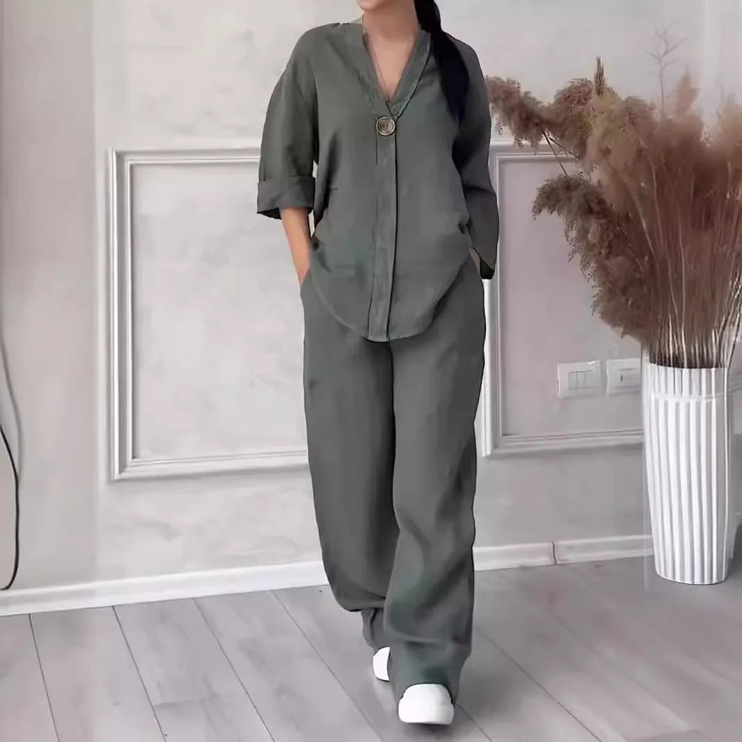 Women's co-ord set in dark grey — cotton linen blouse and high-waist wide leg trousers...