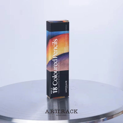 Box of Artrack coloured pencils on a reflective surface with a white background. Set crayons de couleur bois 12-72 pcs, colorés et vibrants pour dessin, écriture, fournitures scolaires et art. Qualité pro UK FTF Market.