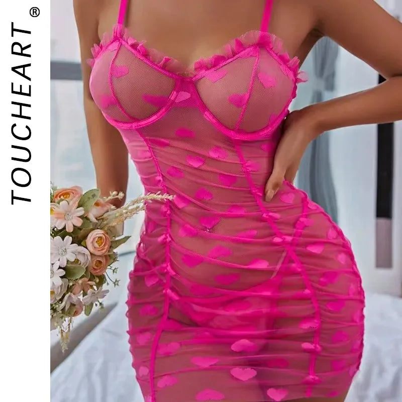 Heart mesh lingerie dress women UK pink underwire mini — FTF Market