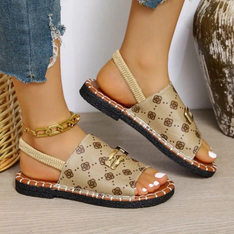 Khaki printed flat sandals women UK — gold buckle detail, slingback strap, open toe summer