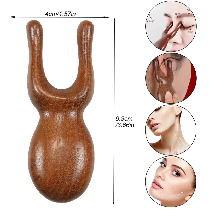 Wooden tool with measurements and close-up images of its use on skin.