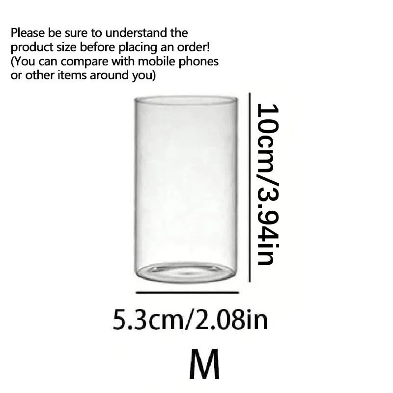 Clear glass cup with dimensions labeled on a white background