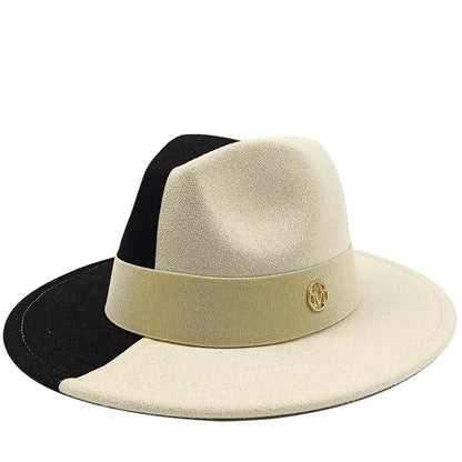 Two hats, one black and one beige, on a white background. Unisex double fedora hat, dual color gradient tie-dye, casual jazz style, cotton-polyester mix, suitable for outdoor autumn and spring.
