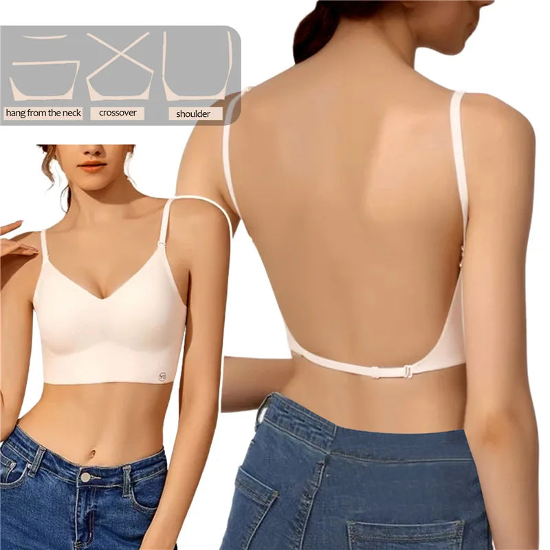 White seamless backless push up bra – adjustable straps: shoulder, crossover and halter neck styles
