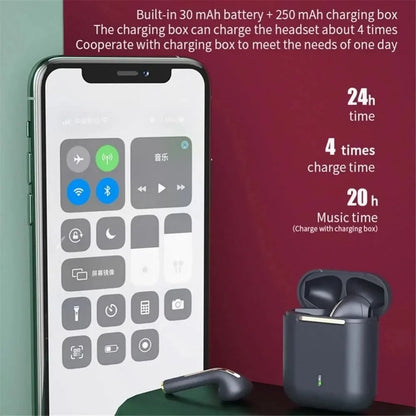 Wireless earbuds with charging box and smartphone displaying control interface on a red background. J18 wireless Bluetooth earphones, in-ear sport headset, waterproof, HiFi stereo sound, built-in microphone, UK FTF Market.