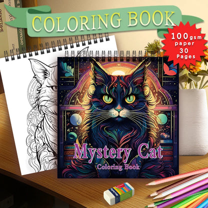 Coloring book titled 'Mystery Cat' with coloring pencils and paper on a wooden surface. Adult women's spiral coloring book with 30 sheets, 8.3x8.3 inches, ideal gift for birthday or holiday party, creative drawing, UK FTF Market.