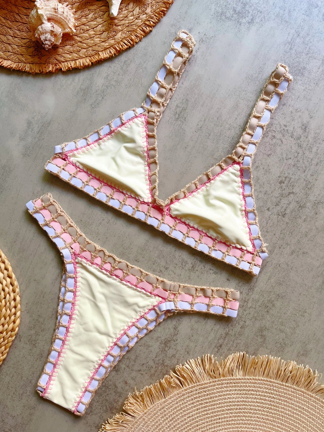 Cream white crochet bikini set — wire-free bandeau swimwear FTF Market