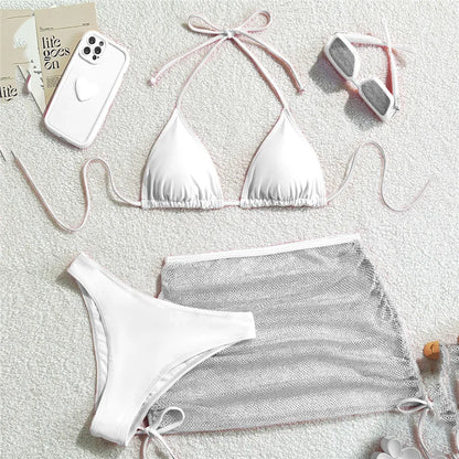 White 3-piece halter bikini set with mesh skirt – Women beach swimwear – FTF Market