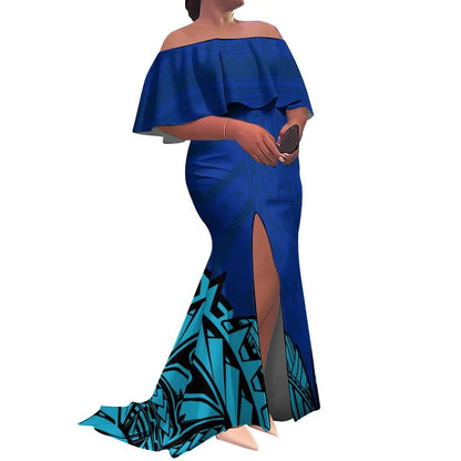 Blue off-shoulder dress with a high slit on a white background