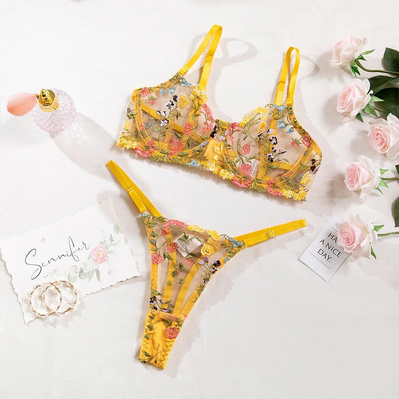 Floral Embroidery Lingerie Set – Push Up Bra & Brief