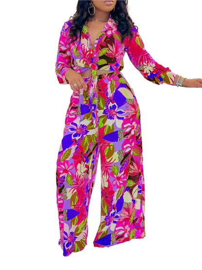 2024 Spring Summer Long Sleeved Printed Suit for Women – Lapel single-breasted shirt, wide-leg trousers, fashion-forward two-piece set. Available on FTFmarket.net, fast delivery in the UK.