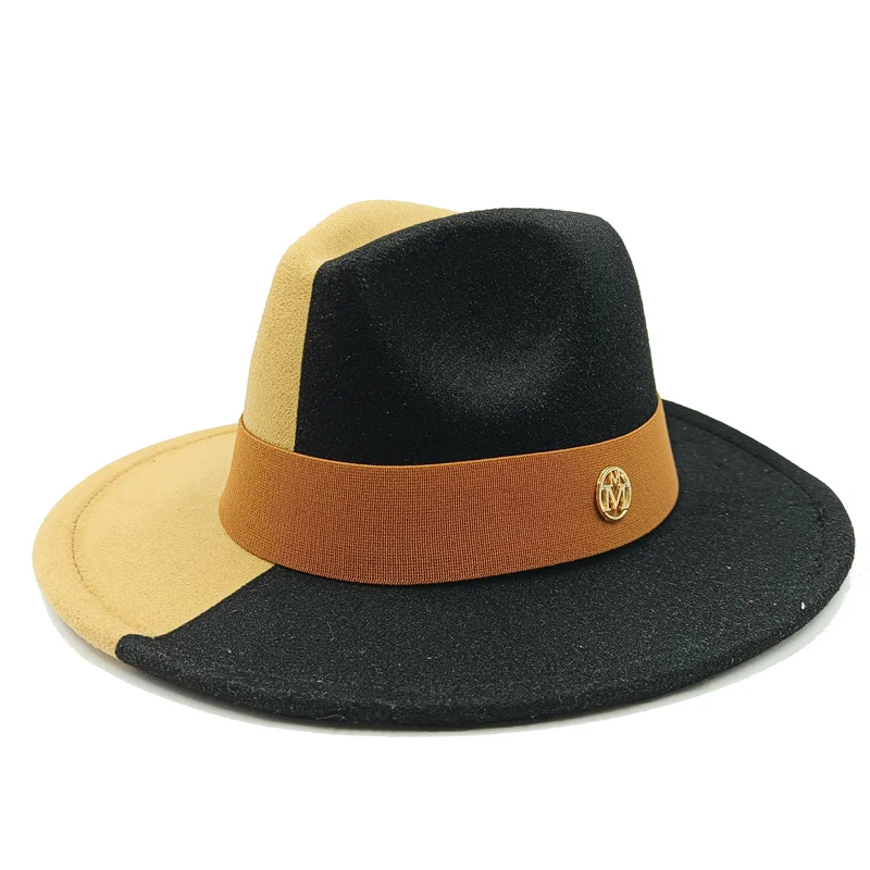 Two-tone black and beige hat with a brown band on a white background. Unisex double fedora hat, dual color gradient tie-dye, casual jazz style, cotton-polyester mix, suitable for outdoor autumn and spring.