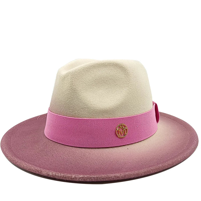 Hat with pink band and beige top on a white background. Unisex double fedora hat, dual color gradient tie-dye, casual jazz style, cotton-polyester mix, suitable for outdoor autumn and spring.